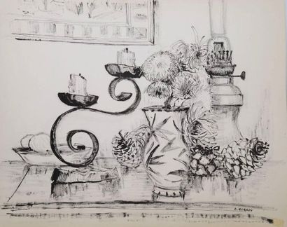 null André CARROY (1910-1975) 

Chandelier, fleurs et lampe, 1965

Encre sur papier,...