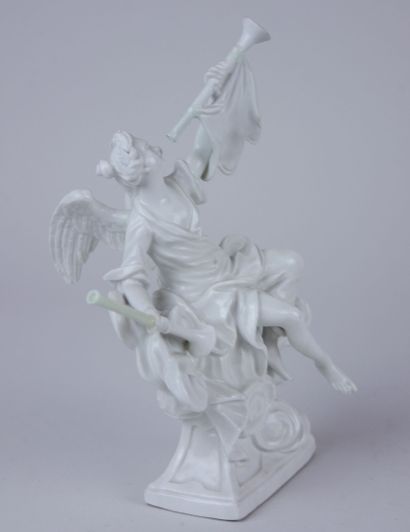 null MEISSEN : 

White enameled porcelain statuette representing a Renommée blowing...