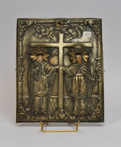 null Icône en métal argenté et doré repoussé représentant les saints Saint Constantin...