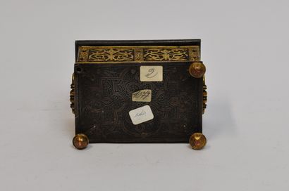 null 
Small wooden and gilded metal chest with scrolls and a frieze with a hunting...