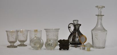 null Lot of glassware including : 

- Three glasses with engraved decoration of the...