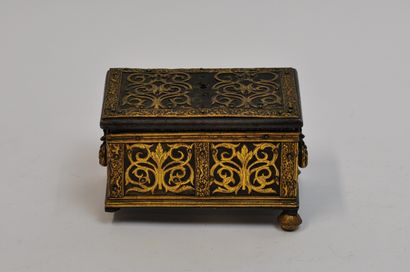 null 
Small wooden and gilded metal chest with scrolls and a frieze with a hunting...