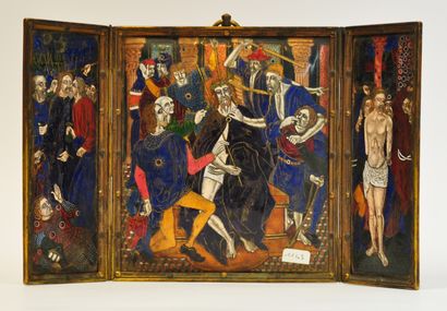 null 
Triptych in polychrome painted enamel representing in the center the Coronation...