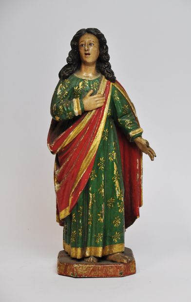 null 
Vierge et saint Jean de Calvaire en bois sculpté en ronde-bosse, polychromé...