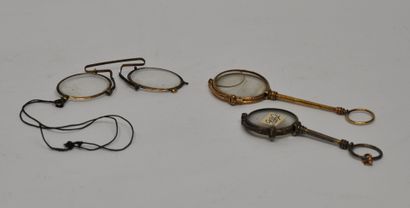 null Set of 3 gilded metal binoculars, two of which are folding and decorated with...