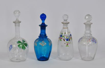 null Set of 6 glass bottles with enamelled decoration of friezes of flowers, plant...