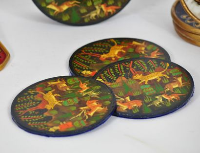 null PERSIAN WORK OF THE 20th CENTURY

Set of seventeen wood and glass coasters painted...