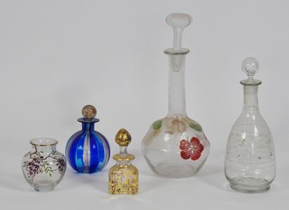 null Set of 3 bottles of different shapes with multicolored enamel decoration of...