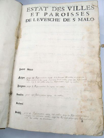null BRETAGNE]. Important printed manuscript title "Estat des Villes et Paroisses...