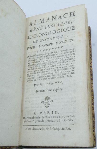 null ALMANACH généalogique, chronologique et historique pour l'année 1749. Paris,...
