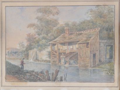 null French school of the 19th century 

The washerwomen 

Watercolours on paper...