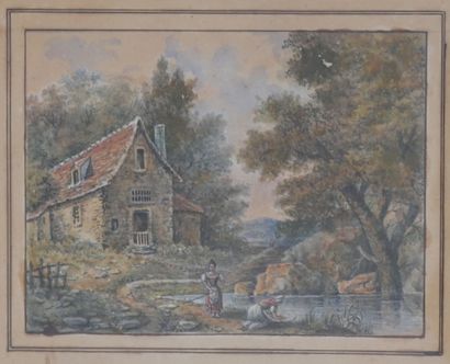 null French school of the 19th century 

The washerwomen 

Watercolours on paper...