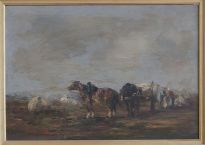 null French school of the 19th century 

Horses and peasants 

Oil on panel, with...