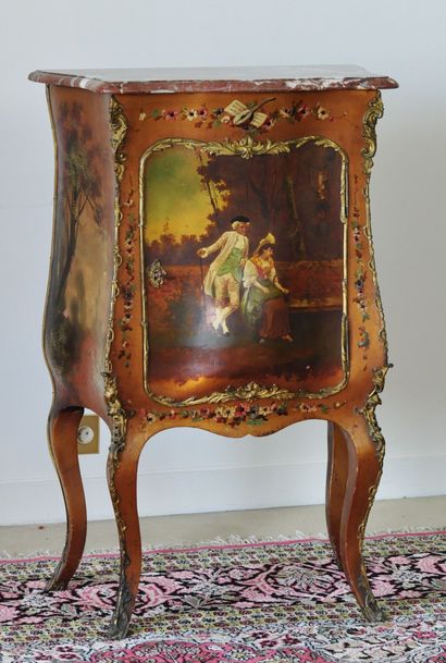 null A curved chest of drawers with polychrome decoration of a gallant couple in...