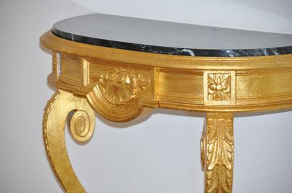 null A small carved and gilded wood half-moon console table opening with a drawer...