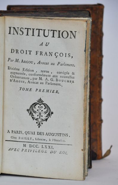 null ARGOU 

Institution au droit françois. 

Paris, Bailly, 1771. 

2 volumes in-12,...