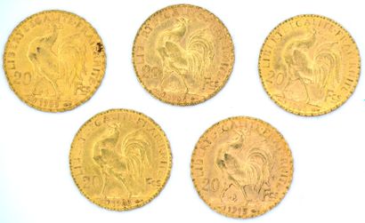 Cinq Monnaies OR - Coq Cinq pièces 20 Francs au Coq.

1903, 1904, 1906, 1909 et 1913.

Poids...