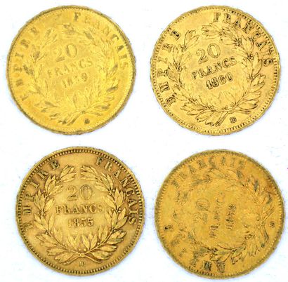 Quatre Monnaies OR - Napoléon III (Tête nue) Quatre pièces 20 Francs Napoléon III...