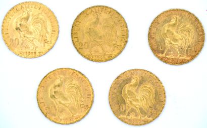 Cinq Monnaies OR - Coq Five 20 Francs coins with a rooster.

1903, 1904, 1906, 1909...