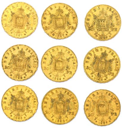 Neuf Monnaies OR - Napoléon III (Tête Laurée) Nine Napoleon III coins - Laurel head.

1864...