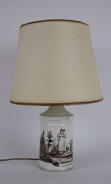 null Pied de lampe en porcelaine d'Auteuil à décor de deux figures féminines observant...
