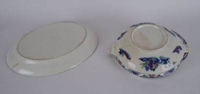 null Earthenware covered tureen and oval dish decorated with Japanese landscape in...