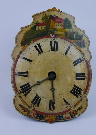 null Comtoise clock movement in painted wood with flowers and architecture decoration....