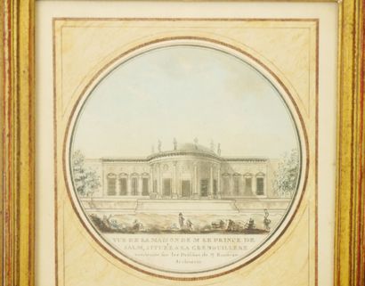 null Suite of five framed color engravings representing Parisian buildings including:...