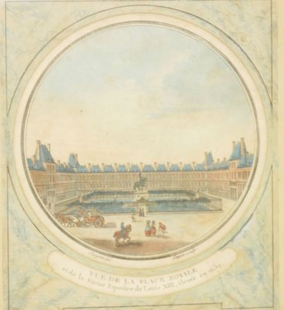 null Suite of five framed color engravings representing Parisian buildings including:...