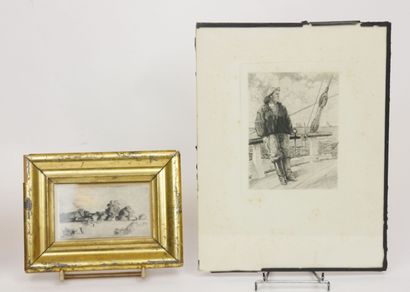 null Lot of 4 framed pieces including : 

- A burin engraving representing a country...