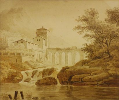 null Early 19th century French school 

Architectural landscape with viaduct

Watercolor...