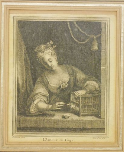 null Lot of framed engravings including : 

- Love in a cage after RAOUX. 12,5 x...