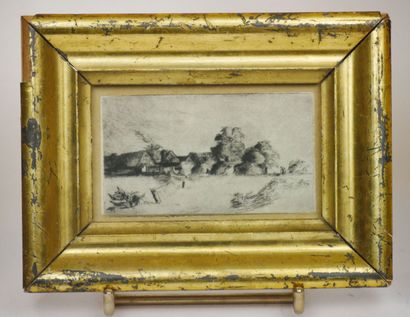 null Lot of 4 framed pieces including : 

- A burin engraving representing a country...