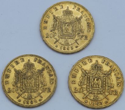 null 3 Monnaies 20 Francs OR. Napoléon III.

1862 BB x 1 et 1863 BB x 2.

Poids :...