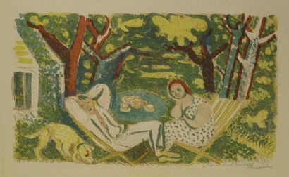 Maurice SAVIN (1894-1973) La Sieste - Dans dans l'herbe. Deux lithographies en couleurs....