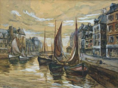 Fred PAILHES (1902-1991) Le Havre, bassin du roi. Gouache signée en bas à gauche....