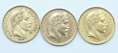 null France. 3 Monnaies OR.

20 Francs, Napoléon III, Tête Laurée, 1861 A, 1863 A...