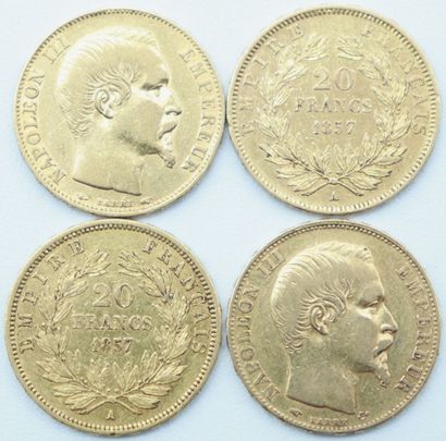 null France. 4 Monnaies OR.

20 Francs, Napoléon III, Tête Nue, 1854, 1855 et 1857...