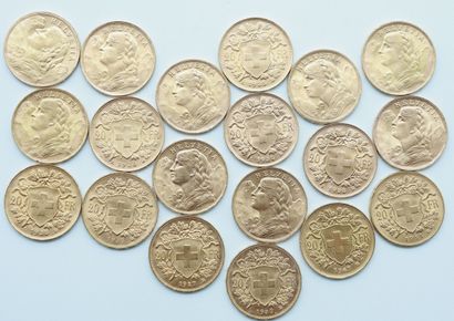 null Suisse. 19 Monnaies OR.

20 Francs Vréneli, 1911, 1922 (x 2), 1927, 1930 (x...