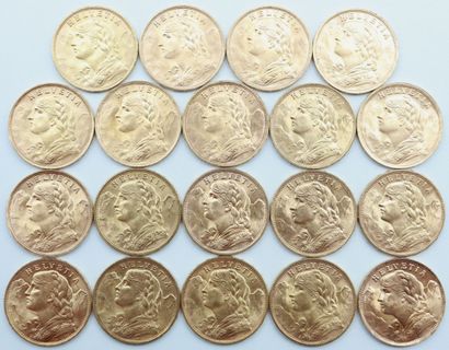 null Suisse. 19 Monnaies OR.

20 Francs Vréneli, 1911, 1922 (x 3), 1927 (x 2), 1930,...