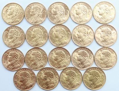 null Suisse. 19 Monnaies OR.

20 Francs Vréneli, 1911, 1922 (x 2), 1927, 1930 (x...