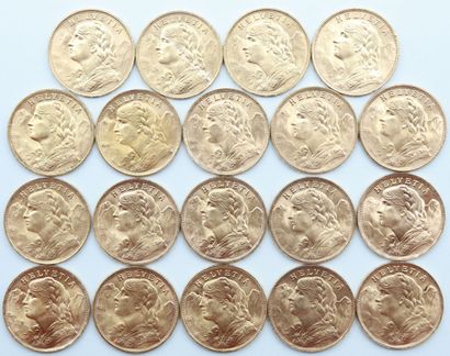 null Suisse. 19 Monnaies OR.

20 Francs Vréneli, 1922 (x 3), 1927, 1930, 1935 (x...
