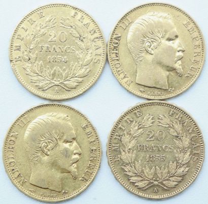 null France. 4 Monnaies OR.

20 Francs, Napoléon III, Tête Nue, 1854, 1855 et 1857...