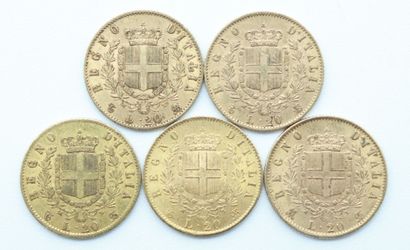null Italie. 5 Monnaies OR.

20 Lires, Victor Emmanuel II, 1863 (x 3), 1865 et 1873.

Poids...
