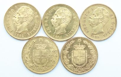 null Italie. 5 Monnaies OR.

20 Lires, Umberto 1er, 1881 (x 2) et 1882 (x 3). Rome.

Poids...