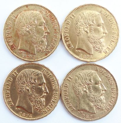 null Belgique. 4 Monnaies OR.

20 Francs, Léopold II, 1874 (x 33) et 1877. Bruxelles.

Poids...