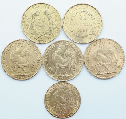 null France. 6 Monnaies OR.

20 Francs, Cérès 1851 A.

20 Francs, Au Génie 1886 A.

20...