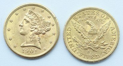 null Etats-Unis. 2 Monnaies OR.

5 Dollars, Liberty Head, 1901 et 1903.

Poids :...