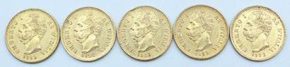 null Italie. 5 Monnaies OR.

20 Lires, Umberto 1er, 1882. Rome.

Poids : 32,20grs.



Estimation...