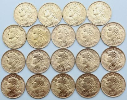 null Suisse. 19 Monnaies OR.

20 Francs Vréneli, 1922 (x 3), 1927, 1930, 1935 (x...